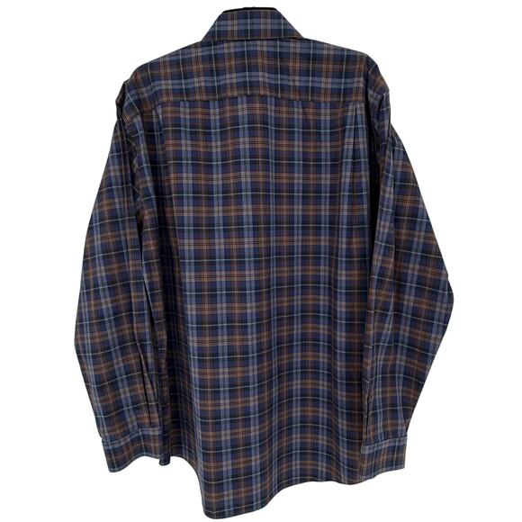 Neiman Marcus Men's Casual Shirt Button Up Navy Brown Check Plaid - Picture 2 of 6